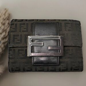 FENDI ZucchinoTrifold Wallet Canvas & Leather FF Logo Black On Black Authentic
